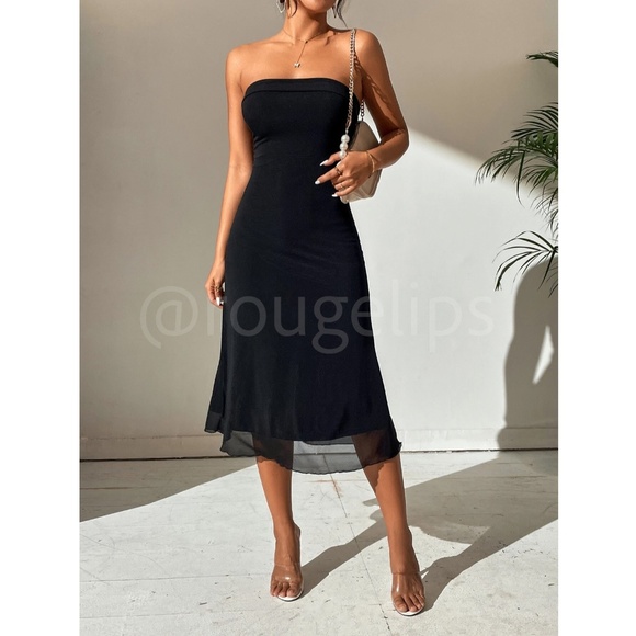 Strapless Tube Black Mesh Dress Stretchy Midi - Picture 2 of 10